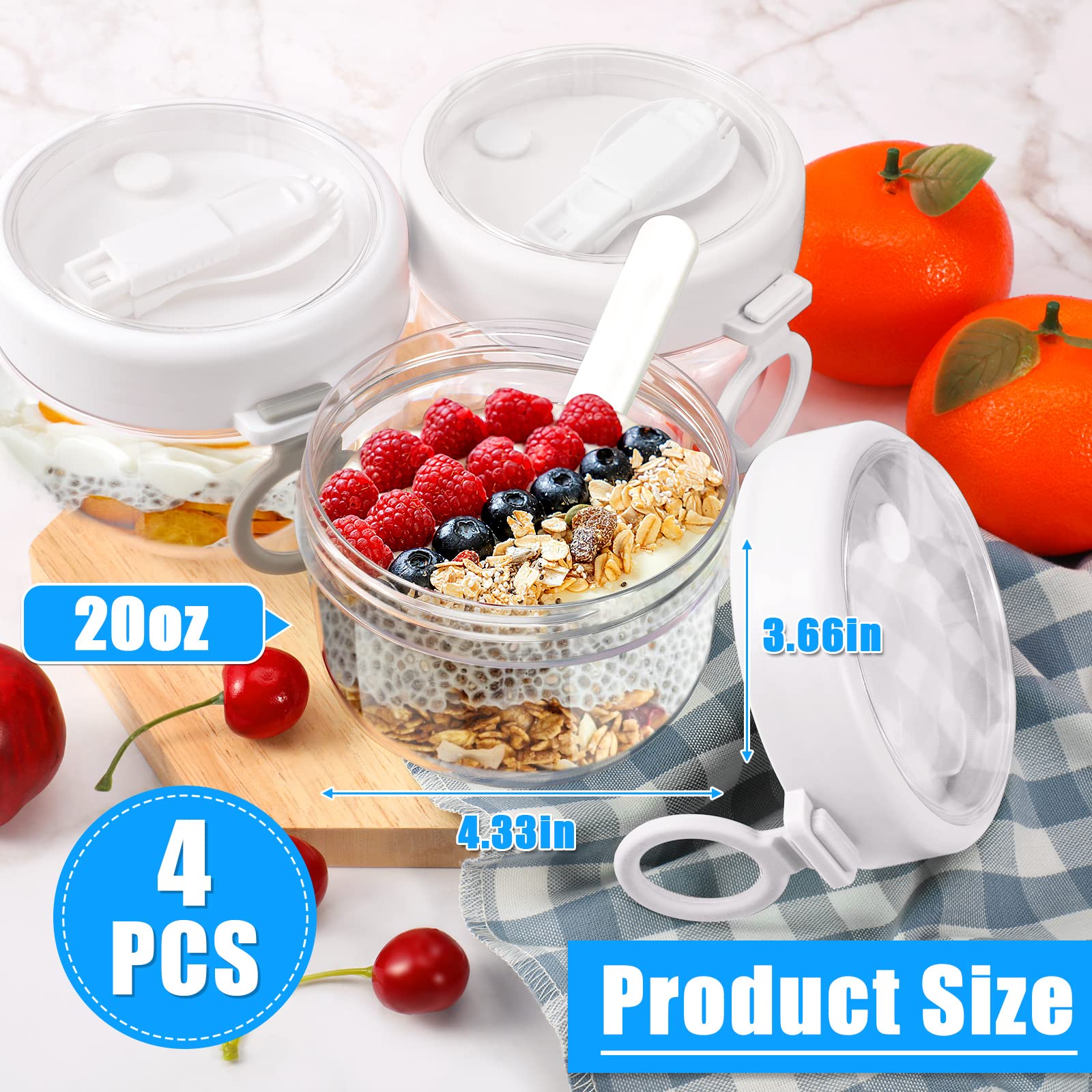 4 Pcs Overnight Oats Container With Lids And Spoons, 20 Oz Plastic Overnight Oats Jars Large Capacity Airtight Yogurt Container